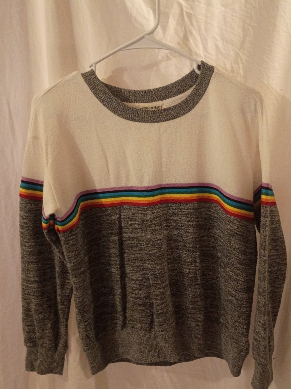 Inspired Hearts Women's Size Medium Grey with Rainbow Stripe Across Chest & Back